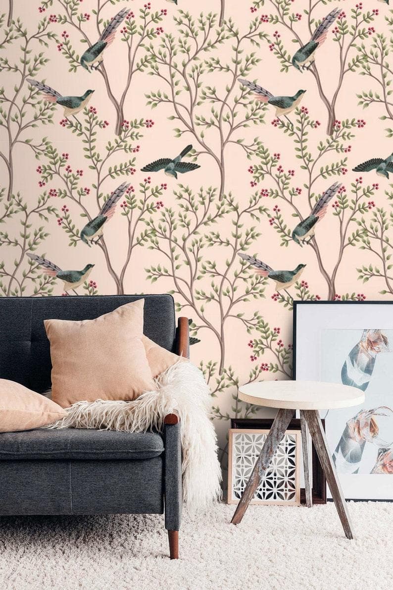 Blush Chinoiserie and Bird Wallpaper