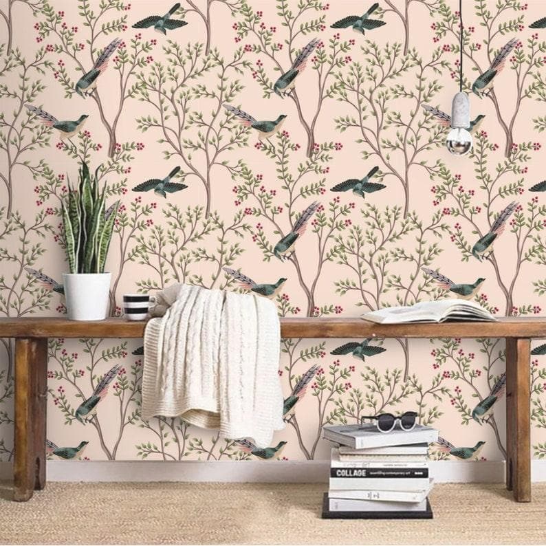 Blush Chinoiserie and Bird Wallpaper - MAIA HOMES
