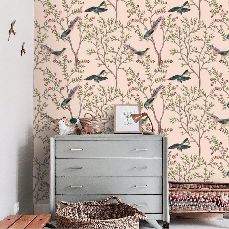 Blush Chinoiserie and Bird Wallpaper