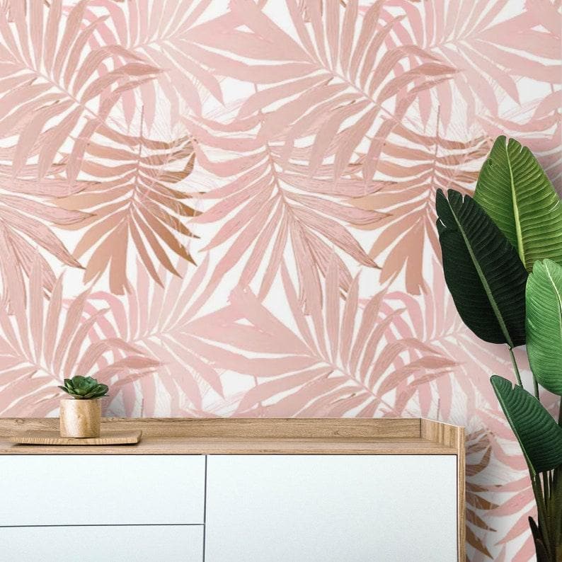 Blush Pink Palm Leaves Tropical Wallpaper