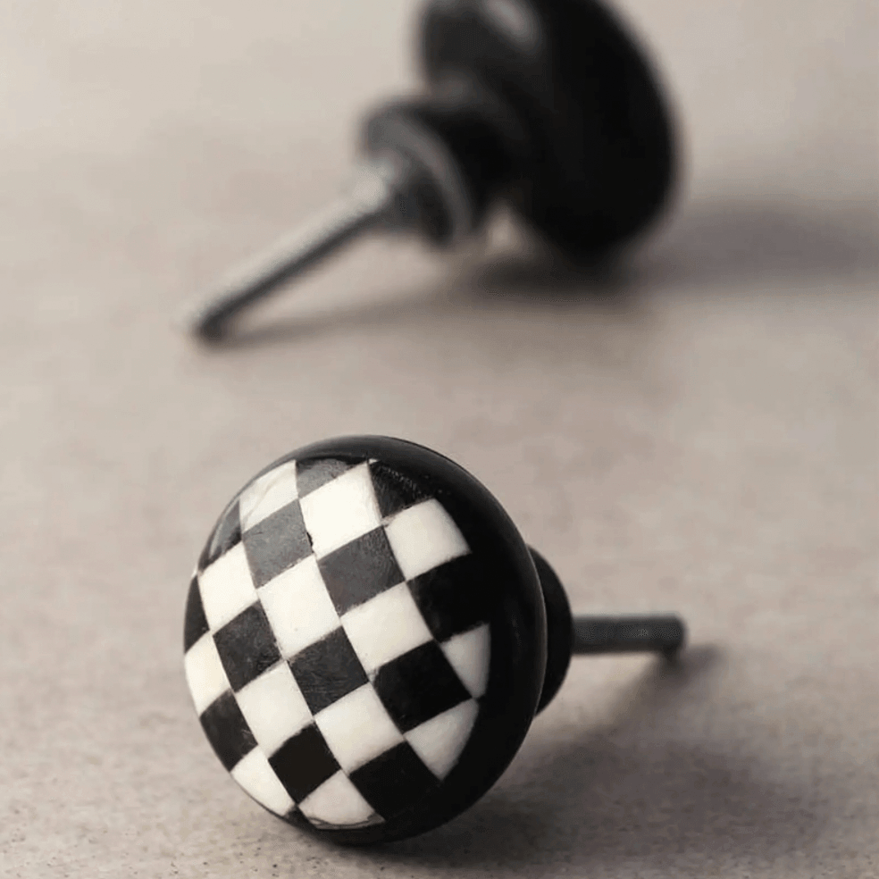 Bone Inlay Black and White Checkerboards Ceramic Cabinet Knobs - MAIA HOMES