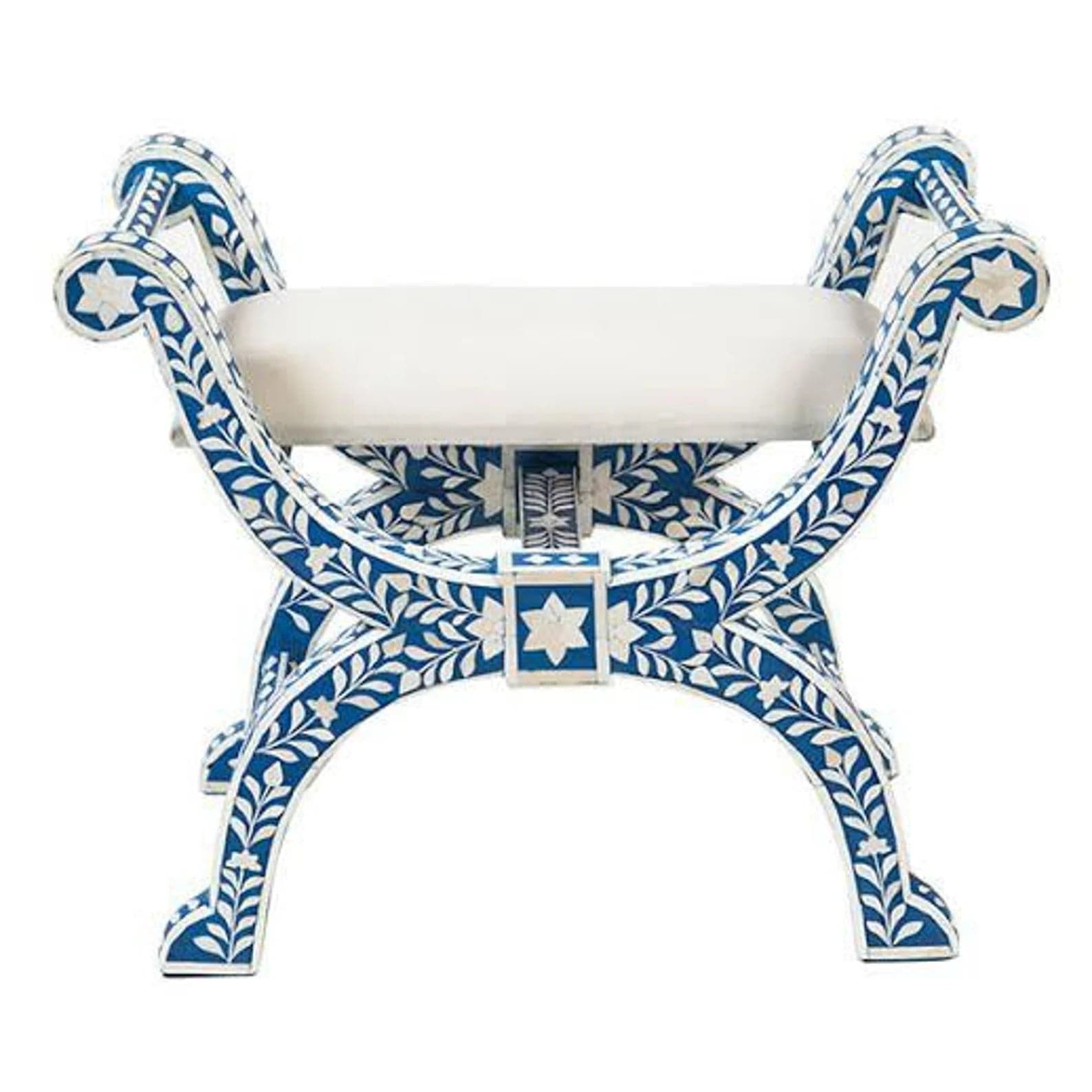 Bone Inlay Floral Design Seating Ottoman - Blue - MAIA HOMES