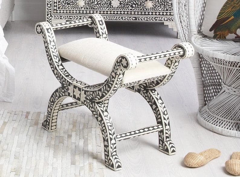 Bone Inlay Floral Design Seating Ottoman