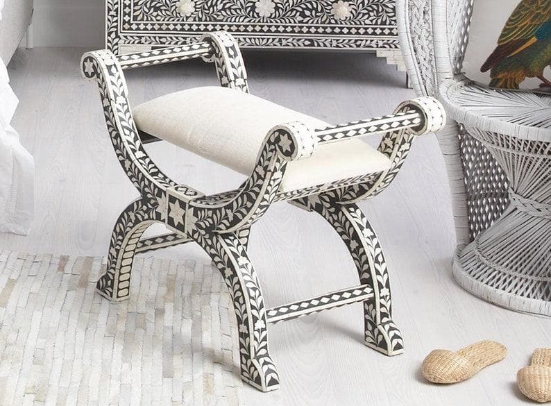 Bone Inlay Floral Design Seating Ottoman - MAIA HOMES