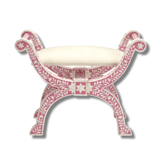 Bone Inlay Floral Design Seating Ottoman - Pink - MAIA HOMES