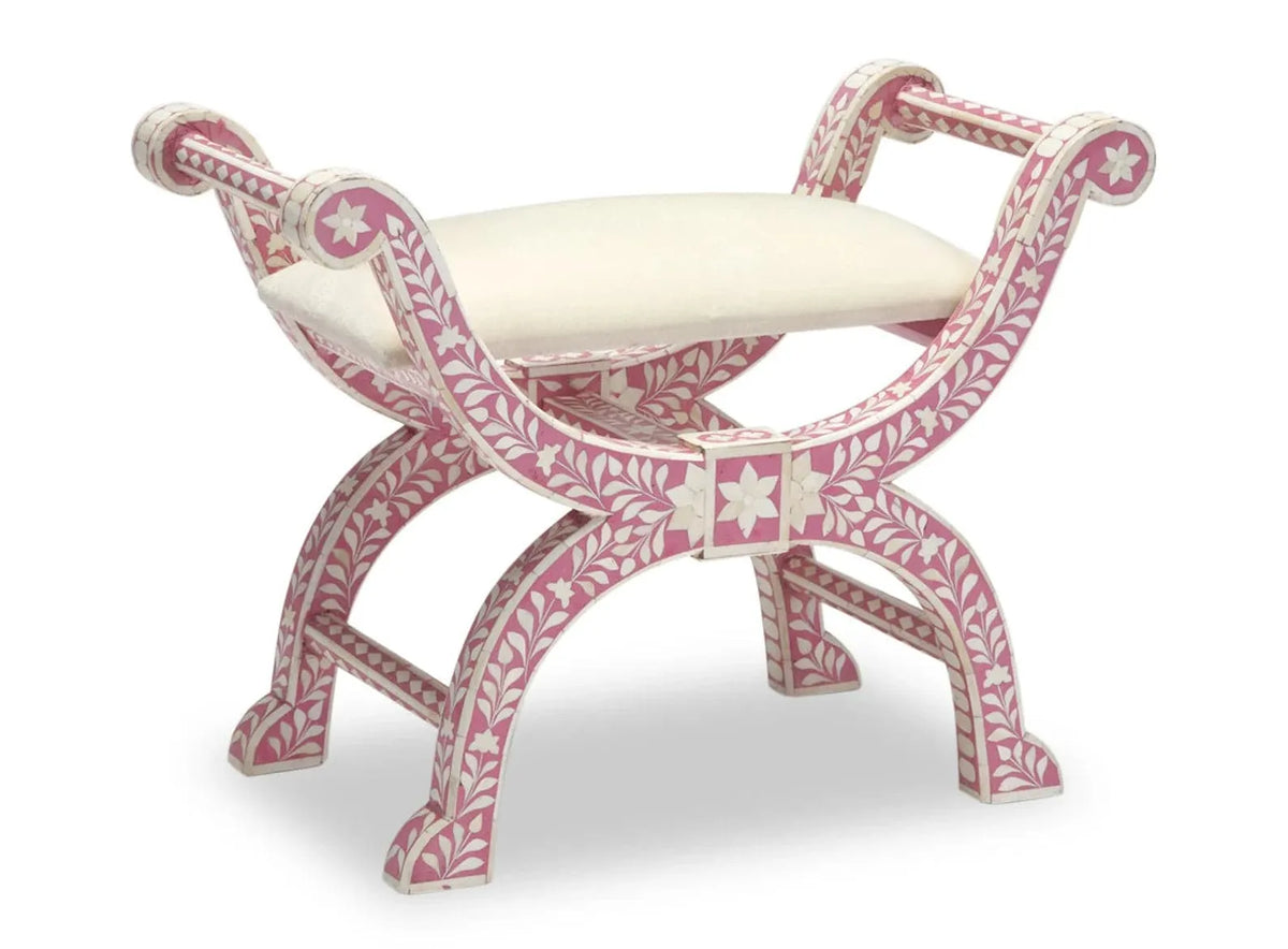 Bone Inlay Floral Design Seating Ottoman - Pink