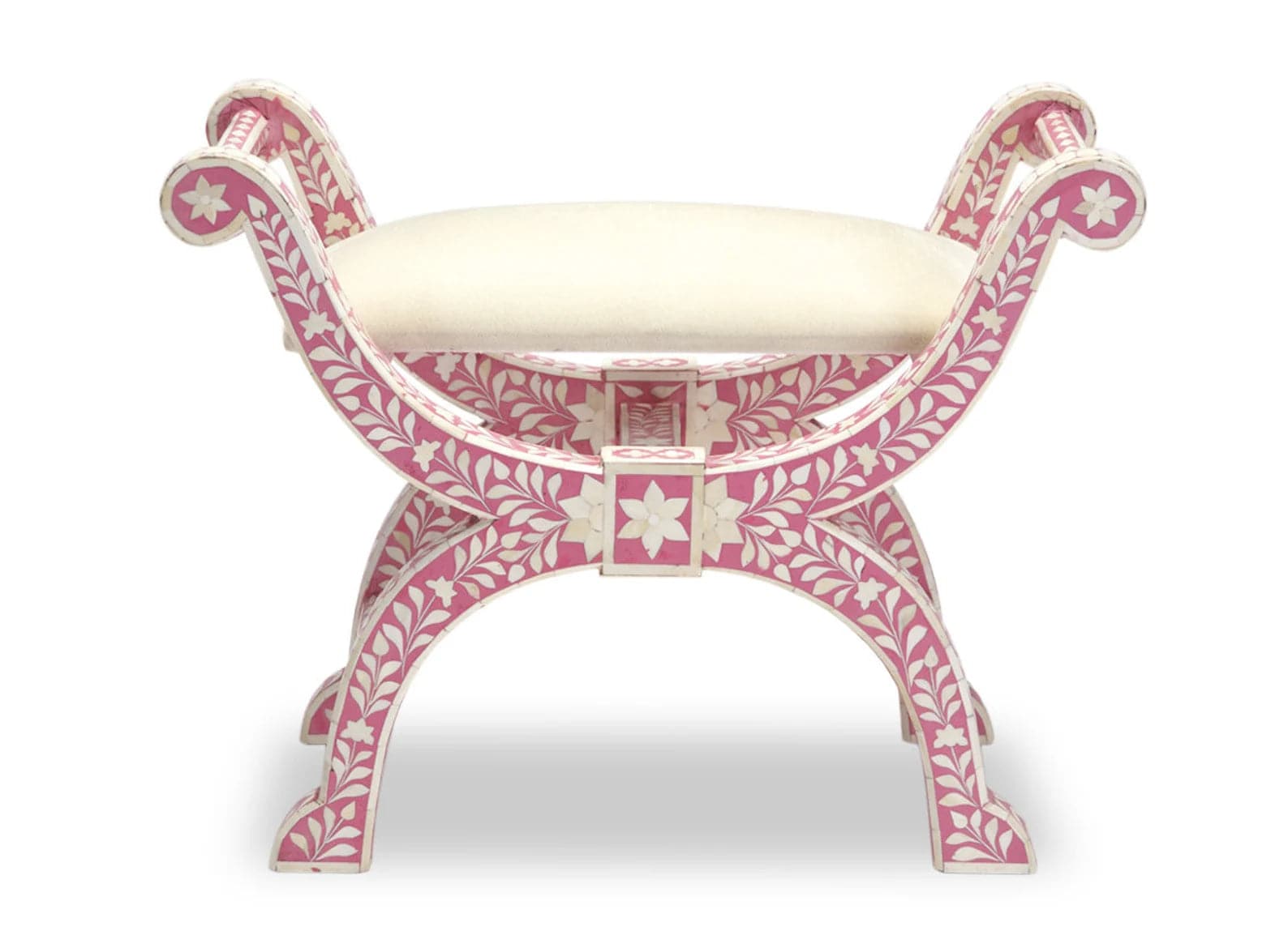 Bone Inlay Floral Design Seating Ottoman - Pink - MAIA HOMES