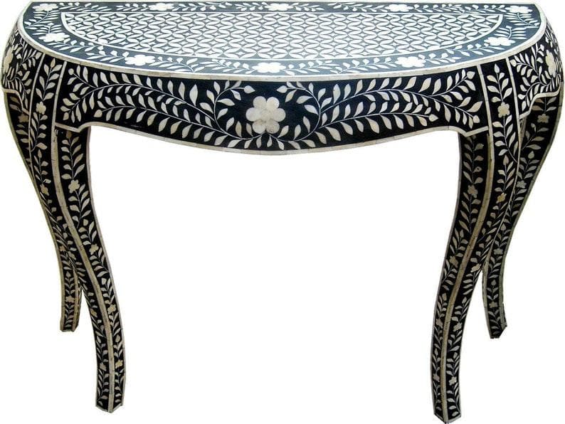 Bone Inlay Wooden Floral Pattern Console Table