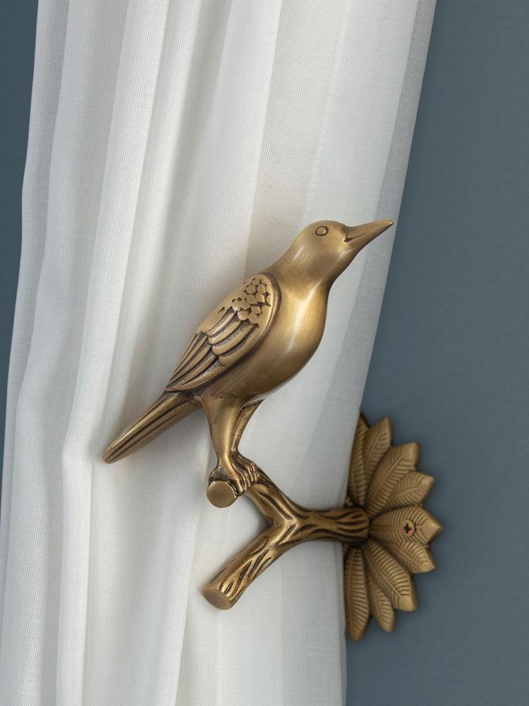 Brass Bird on Tree Branch Curtain Hook Left Side