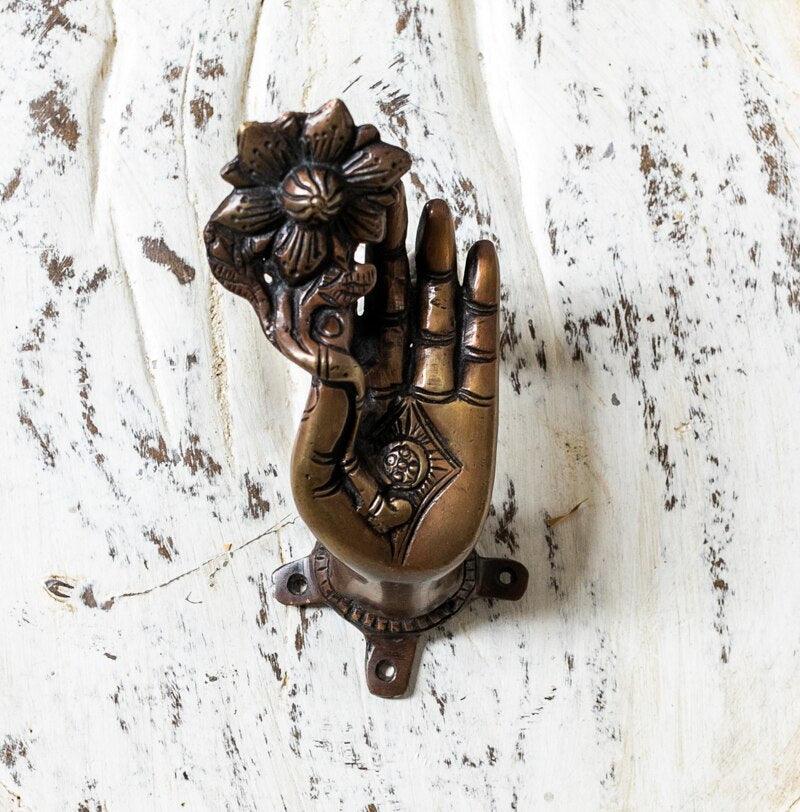 Brass Buddha Hand Cabinet Door Pulls Lotus Flower - Left Brown