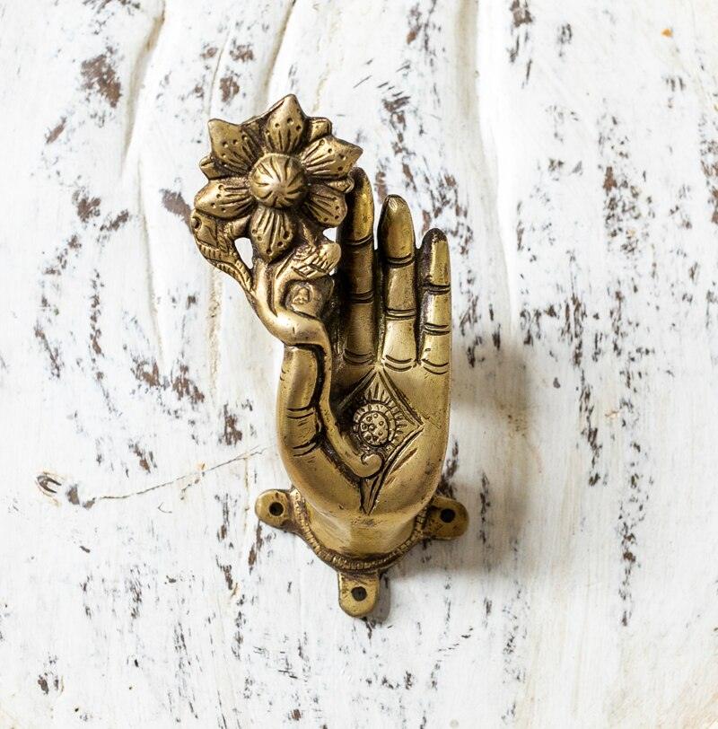 Brass Buddha Hand Cabinet Door Pulls Lotus Flower - Left