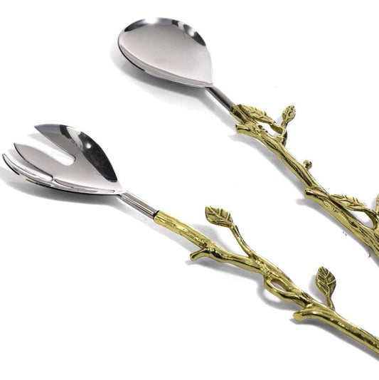Brassed Stainless Steel Leaf Fork & Spoon Salad Server Set - MAIA HOMES