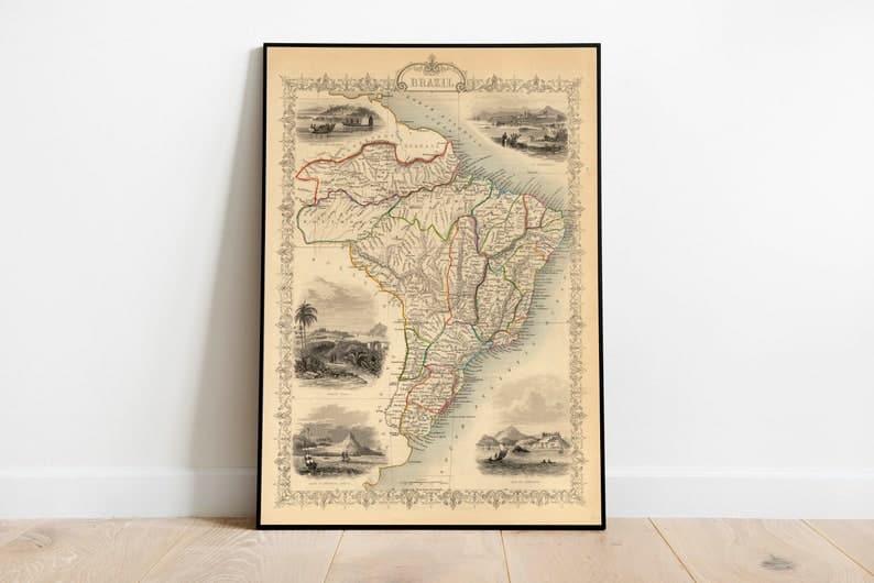 Brazil Map Print Wall Art| 1851 Brazil Vintage Map Wall Prints - MAIA HOMES