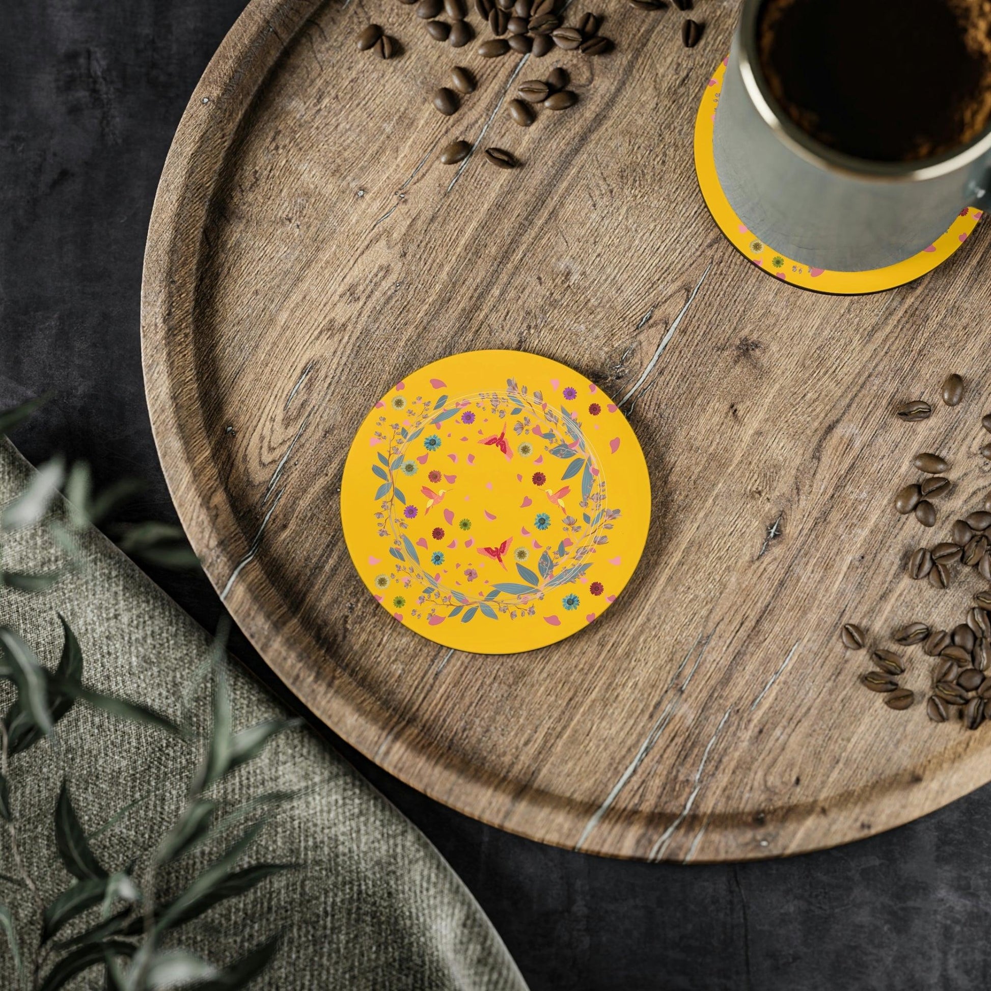 Bright Yellow Floral and Birds Coaster Round 3.7" x 3.7" 1 piece