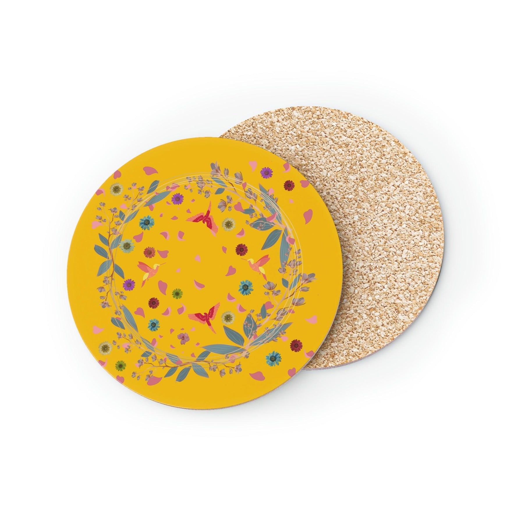 Bright Yellow Floral and Birds Coaster