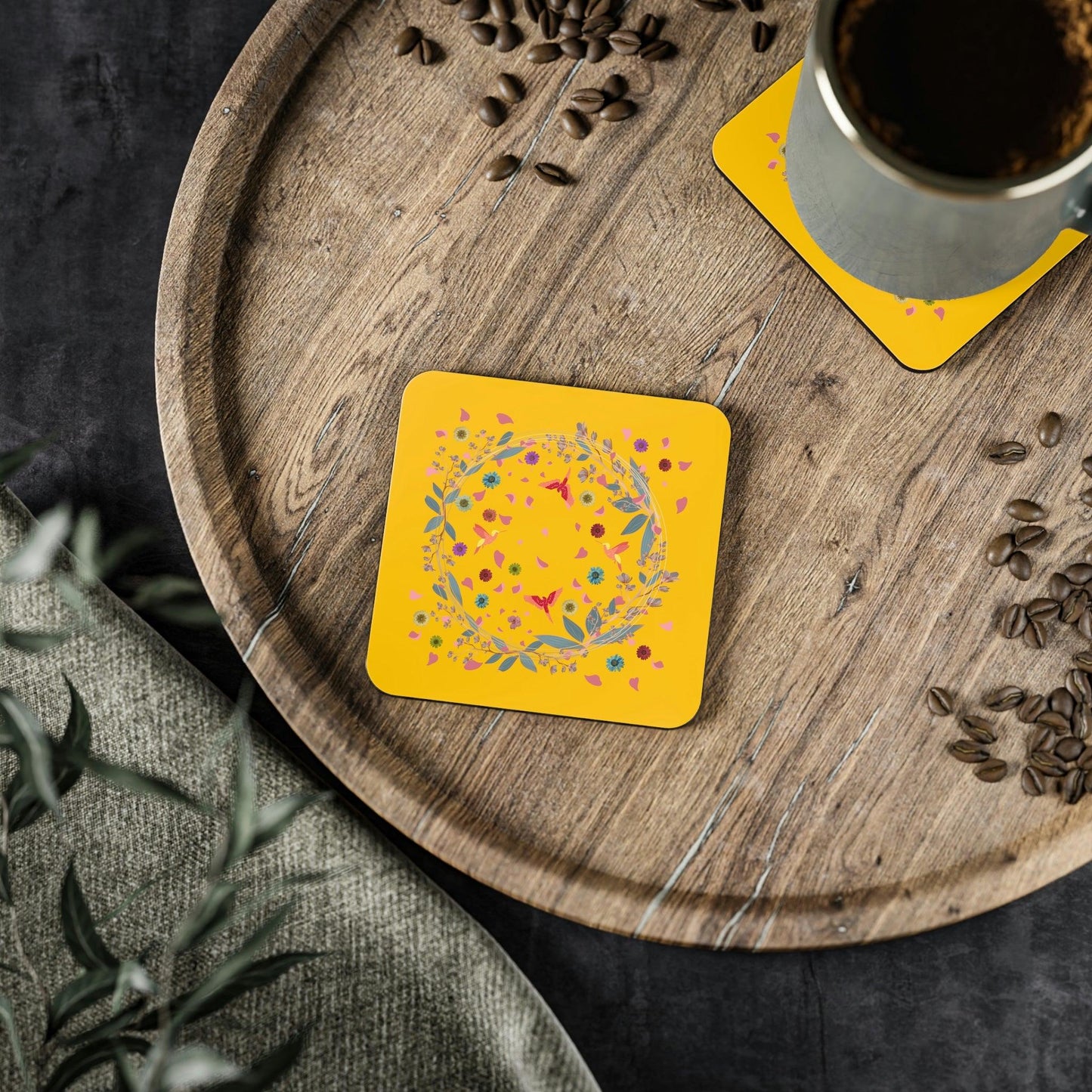 Bright Yellow Floral and Birds Coaster Square 3.7" x 3.7" 1 piece