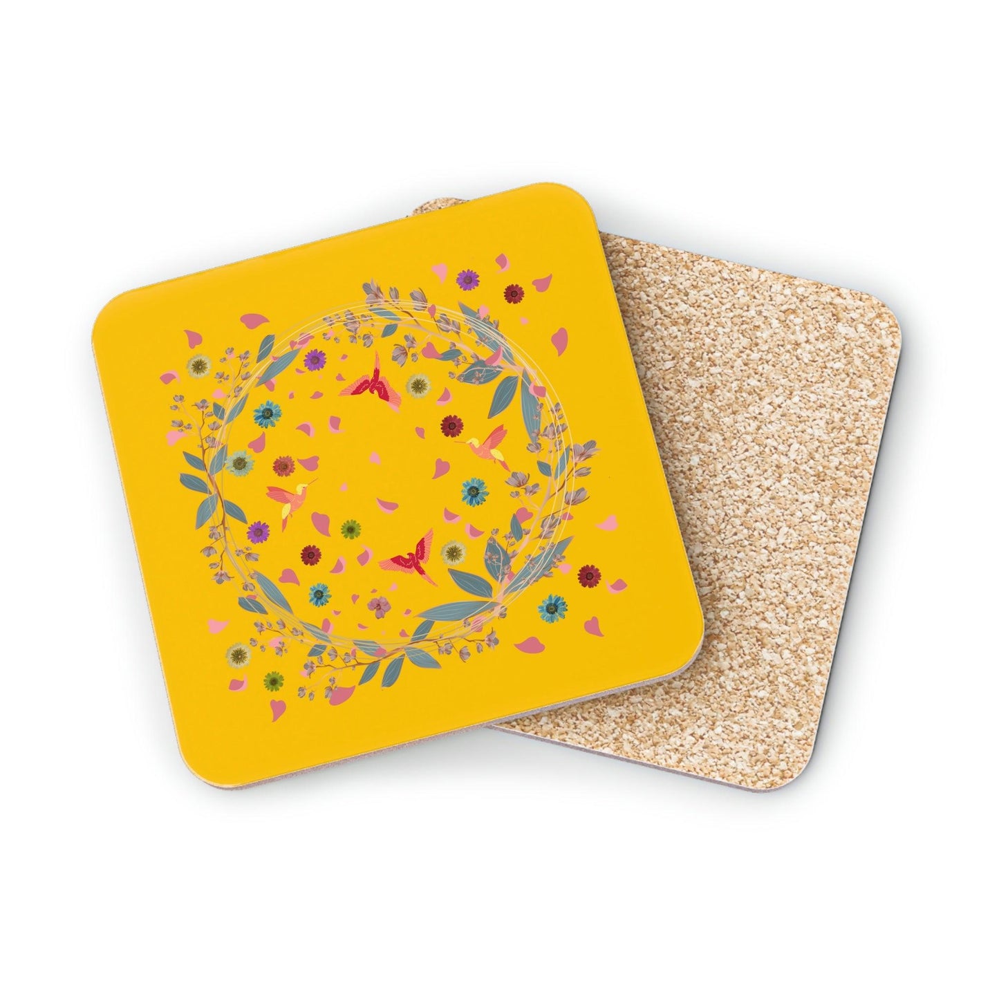 Bright Yellow Floral and Birds Coaster