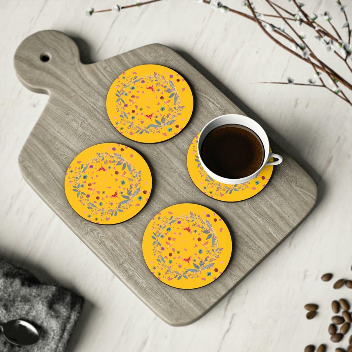 Bright Yellow Floral and Birds Coaster