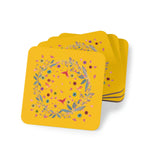 Bright Yellow Floral and Birds Coaster Square 3.7" x 3.7" 4-piece set