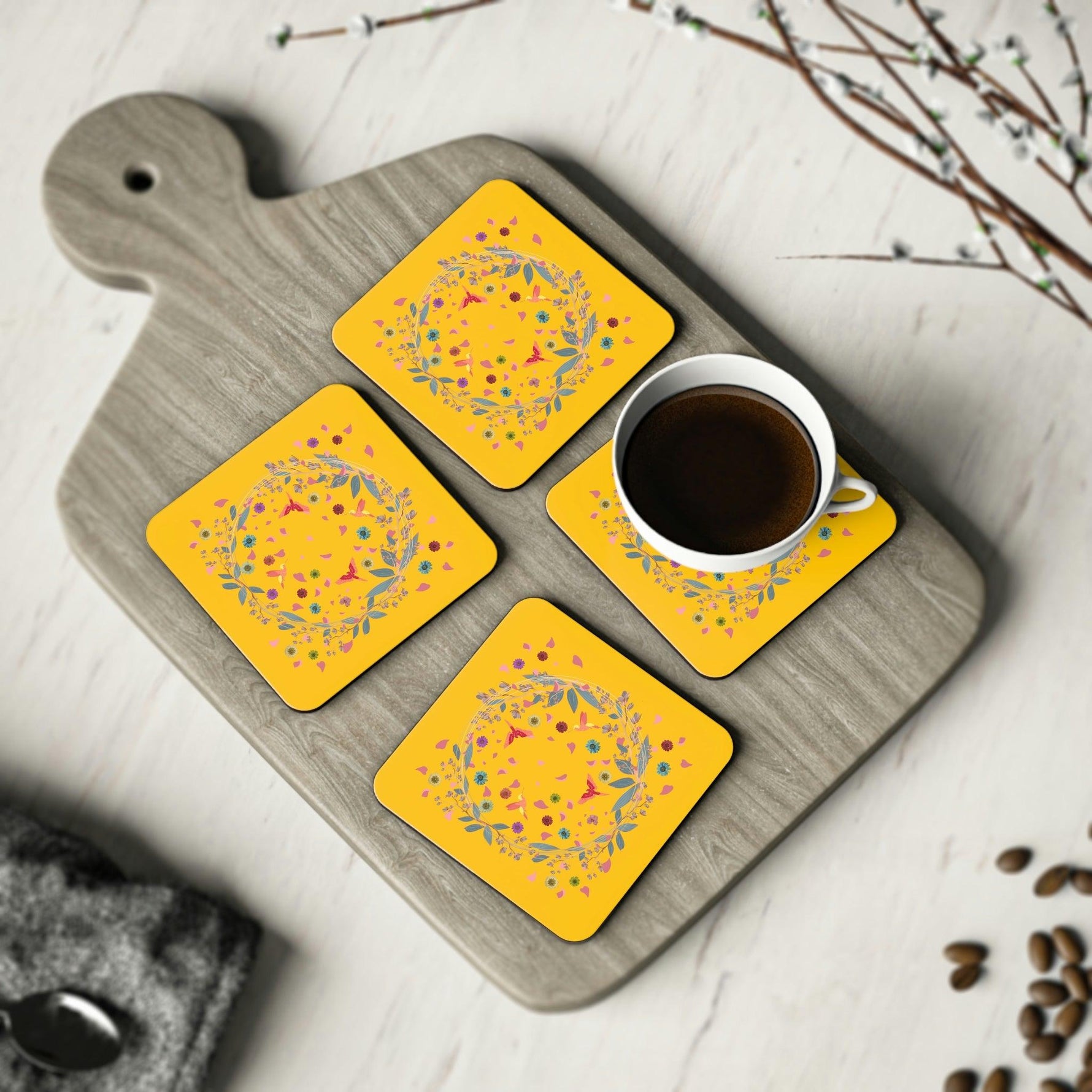 Bright Yellow Floral and Birds Coaster