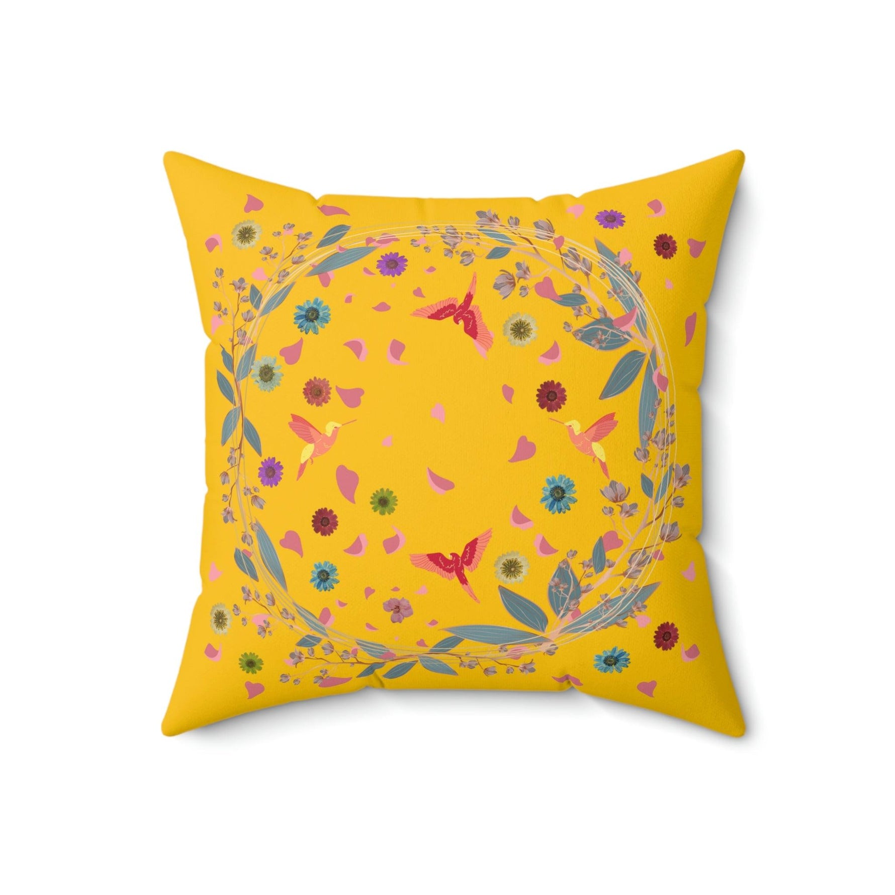 Bright Yellow Floral and Birds Printed Throw Pillow