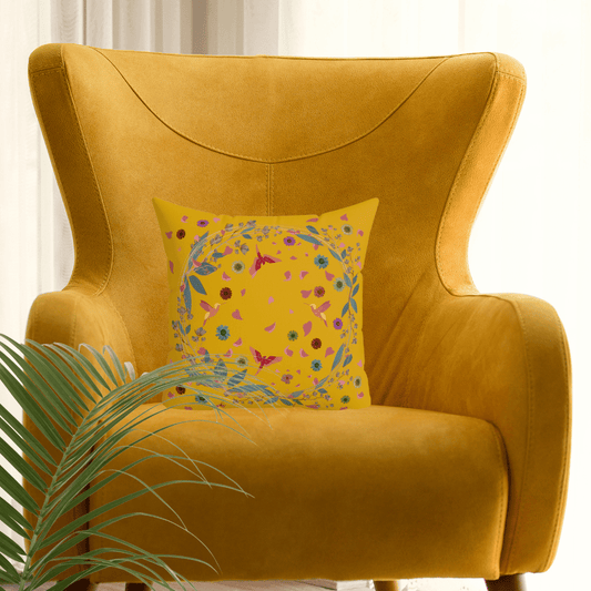 Bright Yellow Floral and Birds Printed Throw Pillow - MAIA HOMES