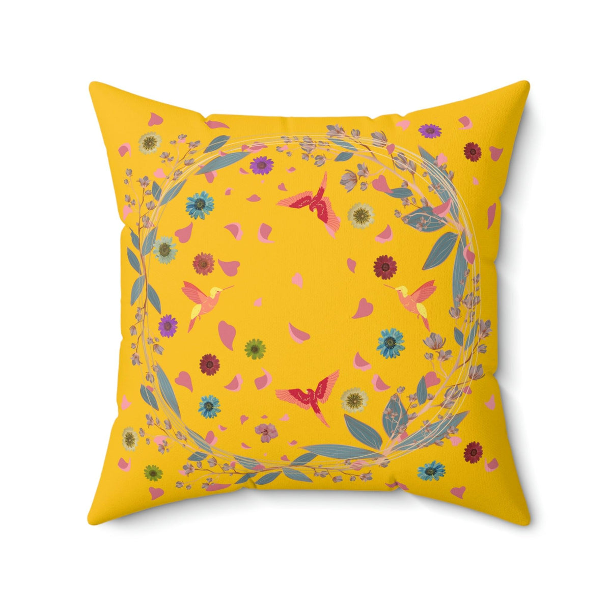 Bright Yellow Floral and Birds Printed Throw Pillow