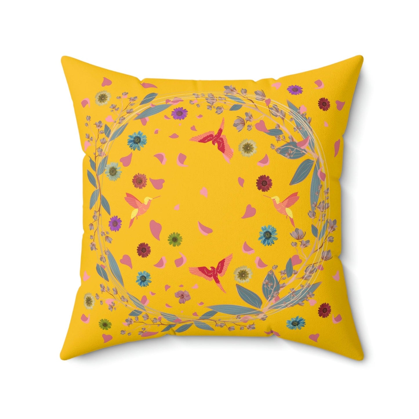 Bright Yellow Floral and Birds Printed Throw Pillow