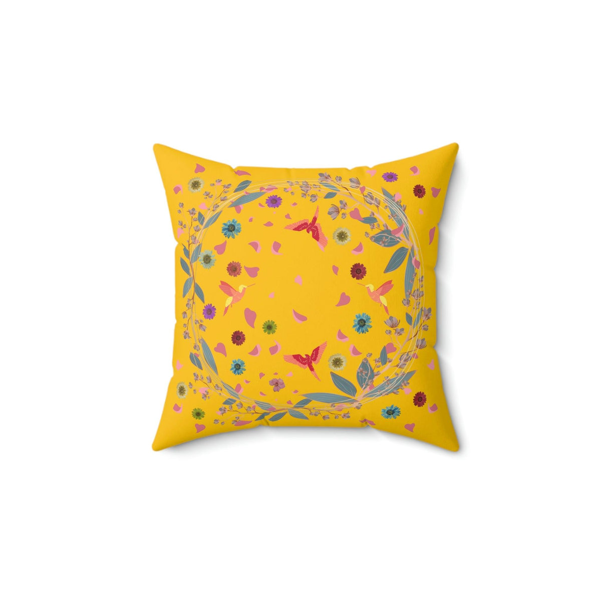 Bright Yellow Floral and Birds Printed Throw Pillow 14" × 14"