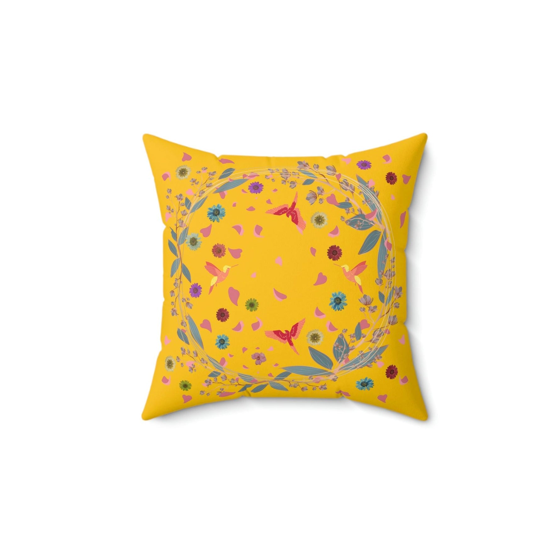 Bright Yellow Floral and Birds Printed Throw Pillow