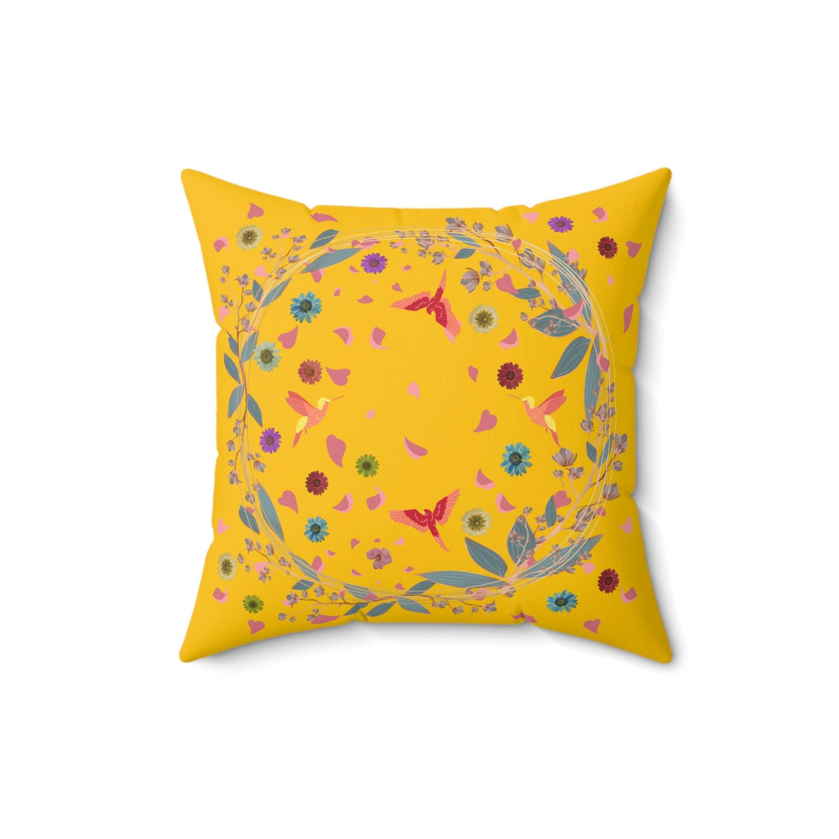 Bright Yellow Floral and Birds Printed Throw Pillow 16" × 16"