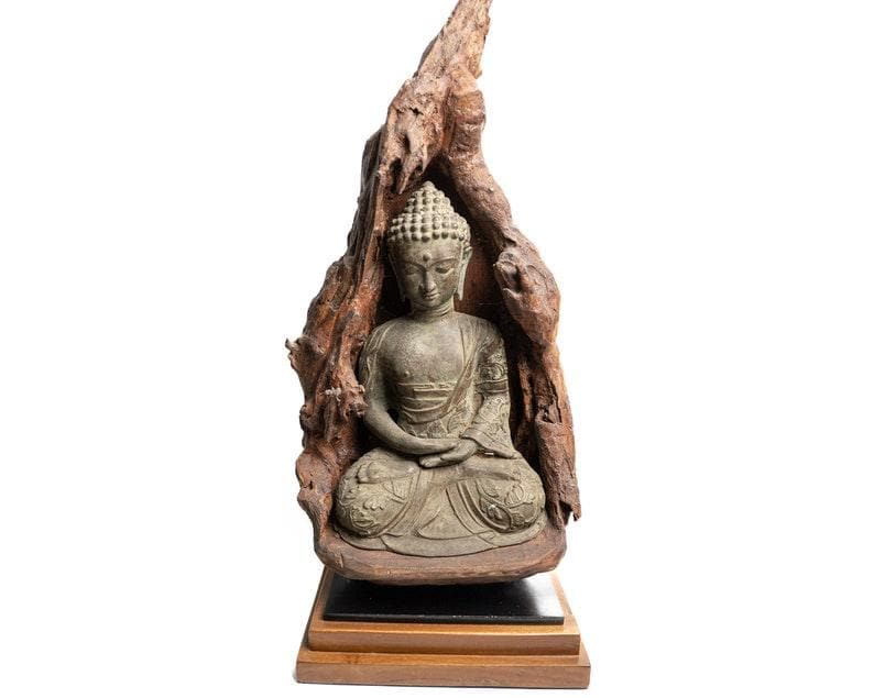 Bronze Meditating Buddha in the Wood Figurine - Large