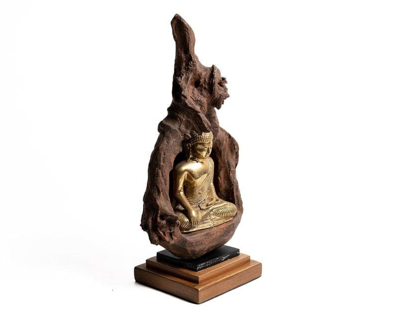 Bronze Meditating Buddha in the Wood Figurine