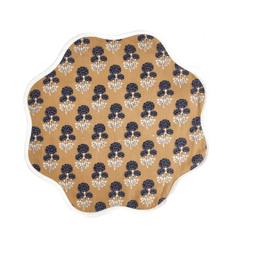 Brown Block Printed Floral Scallop Cotton Placemats - MAIA HOMES