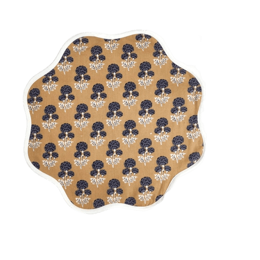 Brown Block Printed Floral Scallop Cotton Placemats White