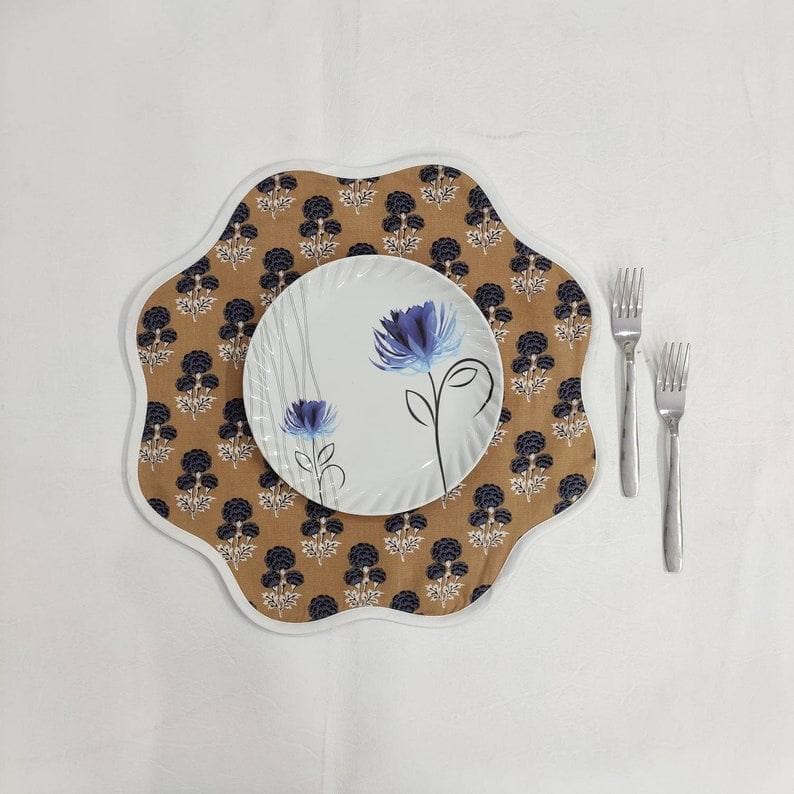 Brown Block Printed Floral Scallop Cotton Placemats