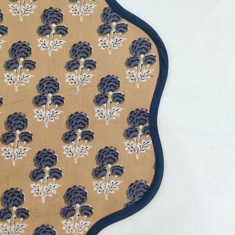 Brown Block Printed Floral Scallop Cotton Placemats