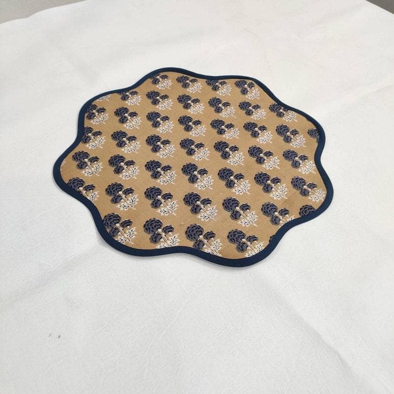 Brown Block Printed Floral Scallop Cotton Placemats Blue