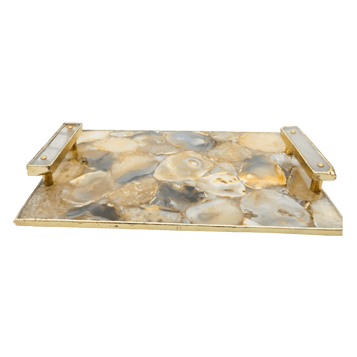 Brown Plated Agate Serving Tray With Clear Quartz Handles