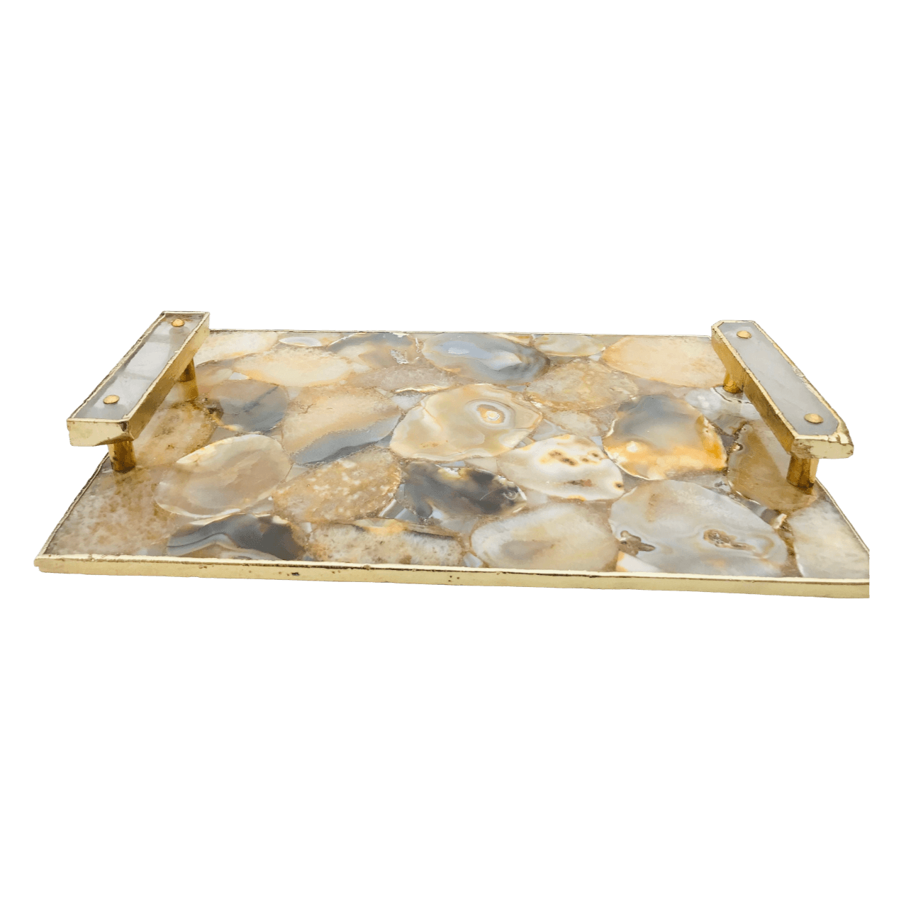 Brown Plated Agate Serving Tray With Clear Quartz Handles