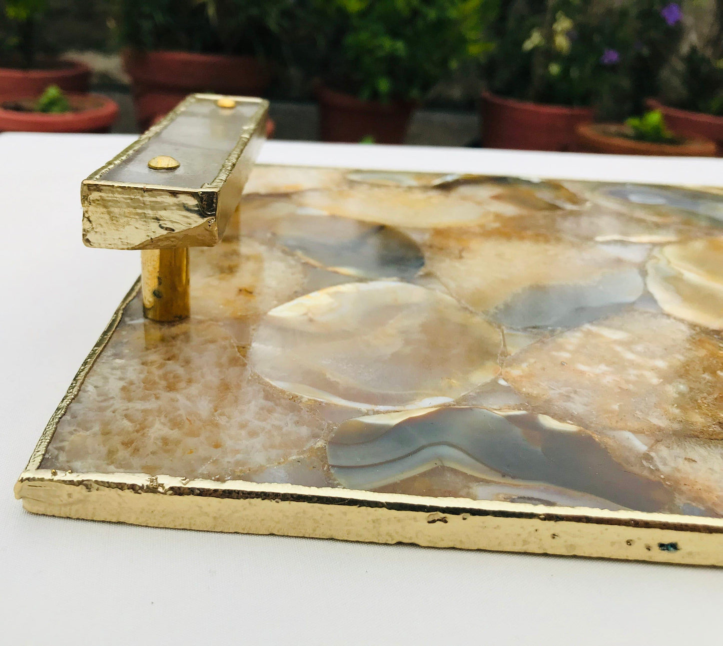 Brown Plated Agate Serving Tray With Clear Quartz Handles