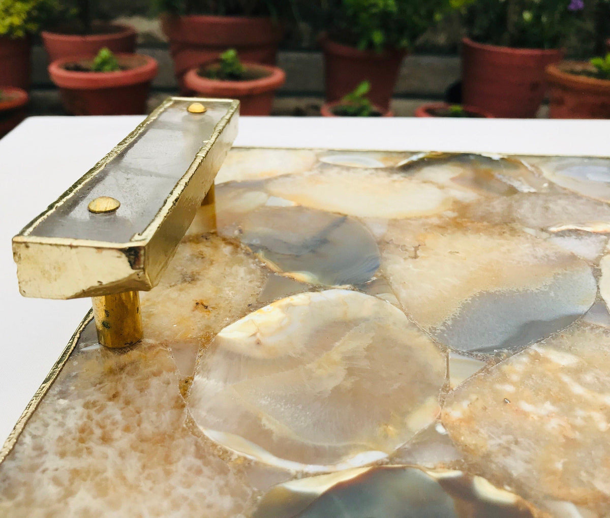 Brown Plated Agate Serving Tray With Clear Quartz Handles