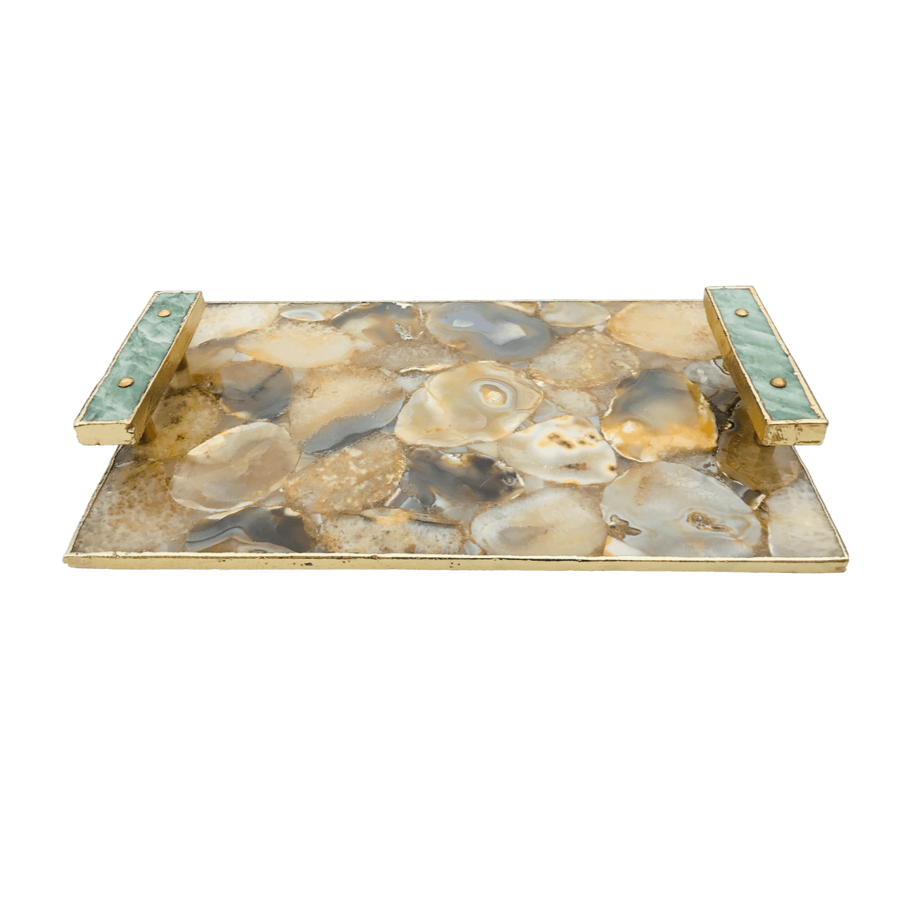 Brown Plated Agate Serving Tray With Green Agate Handles