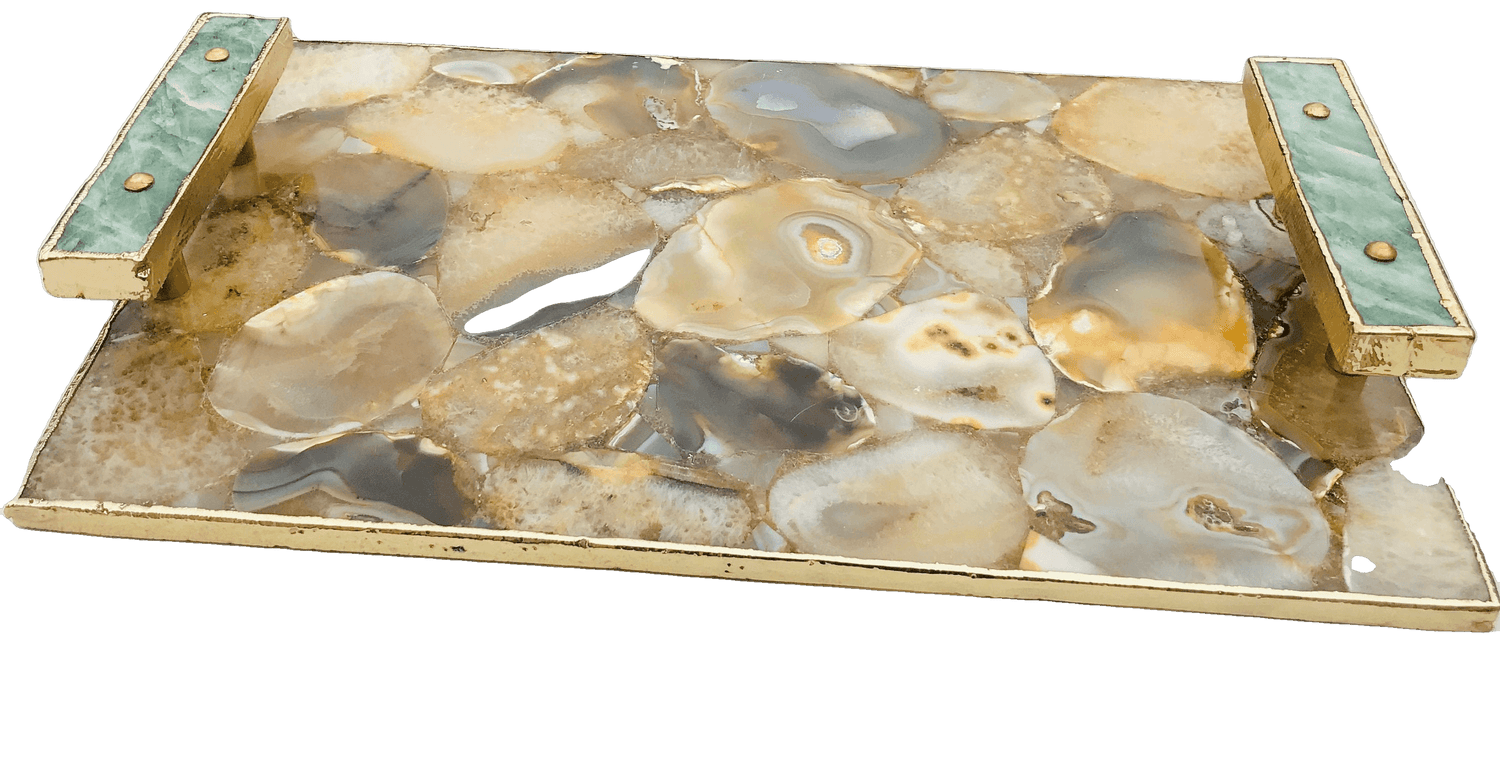 Brown Plated Agate Serving Tray With Green Agate Handles Rose Gold