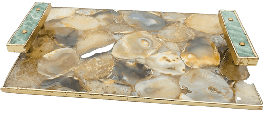 Brown Plated Agate Serving Tray With Green Agate Handles Rose Gold