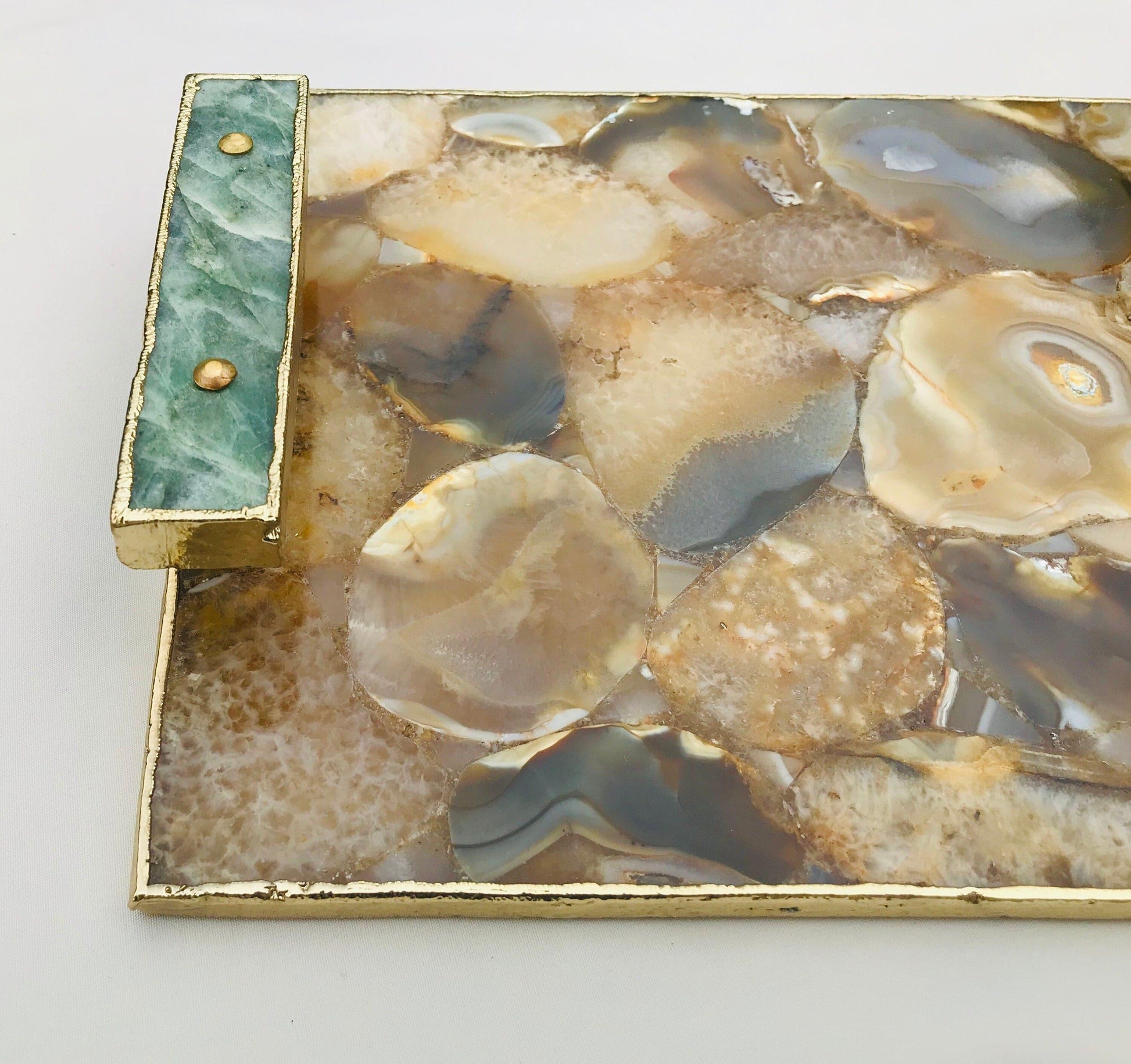 Brown Plated Agate Serving Tray With Green Agate Handles