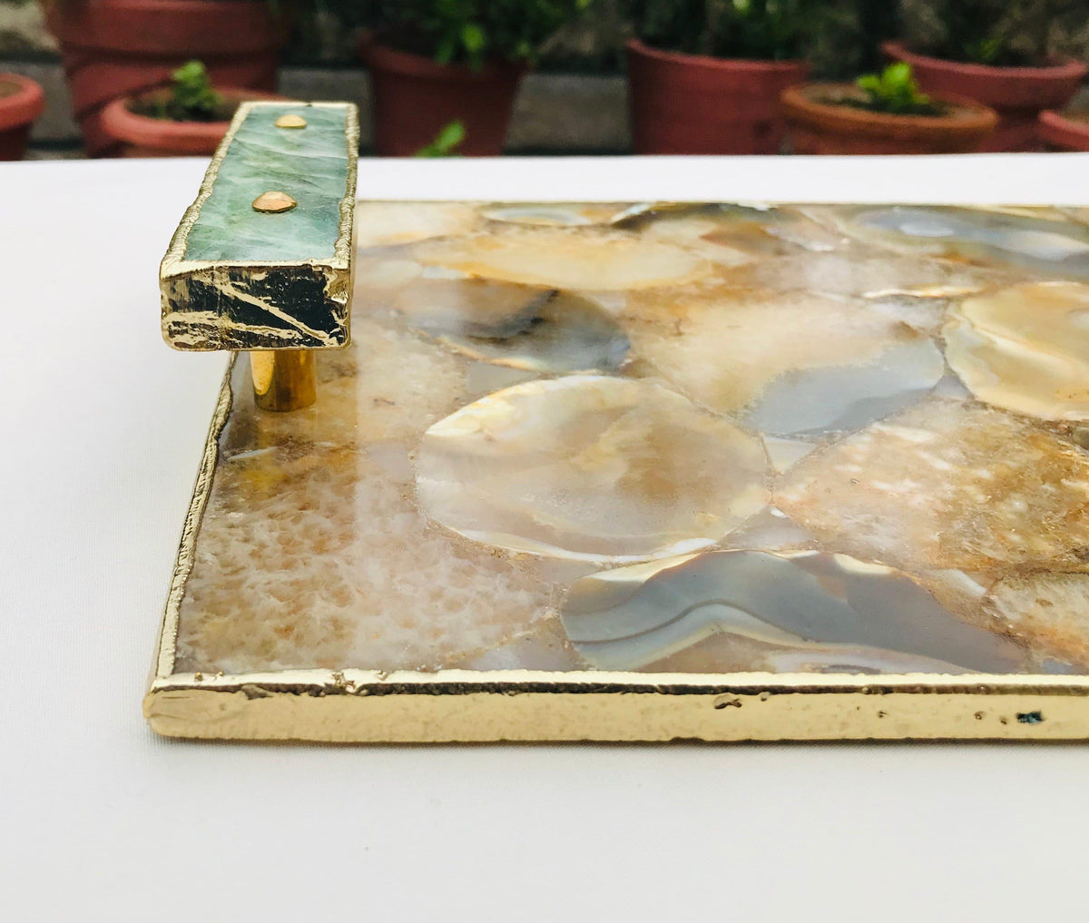 Brown Plated Agate Serving Tray With Green Agate Handles