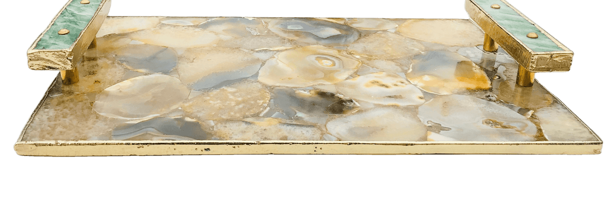 Brown Plated Agate Serving Tray With Green Agate Handles