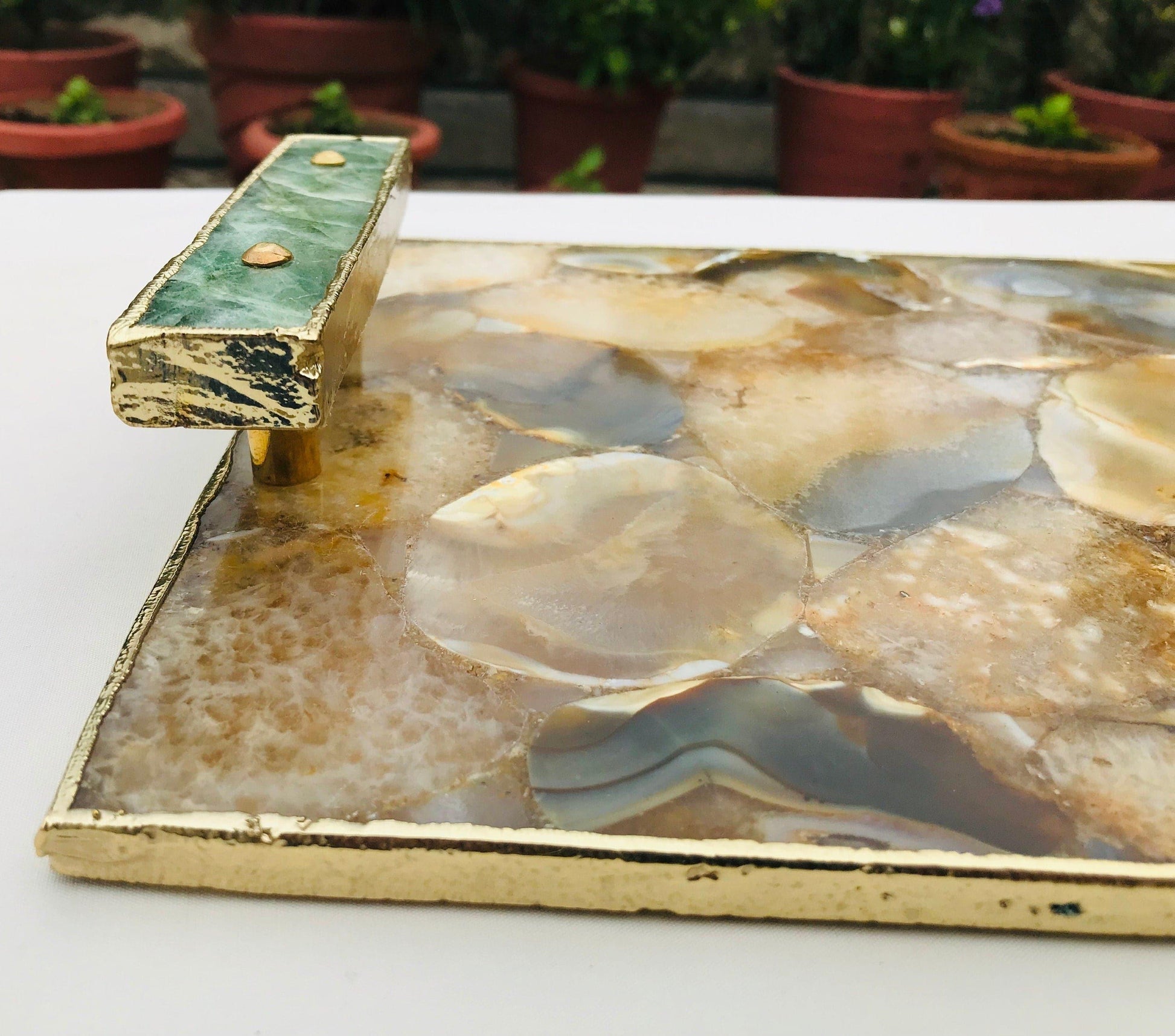 Brown Plated Agate Serving Tray With Green Agate Handles