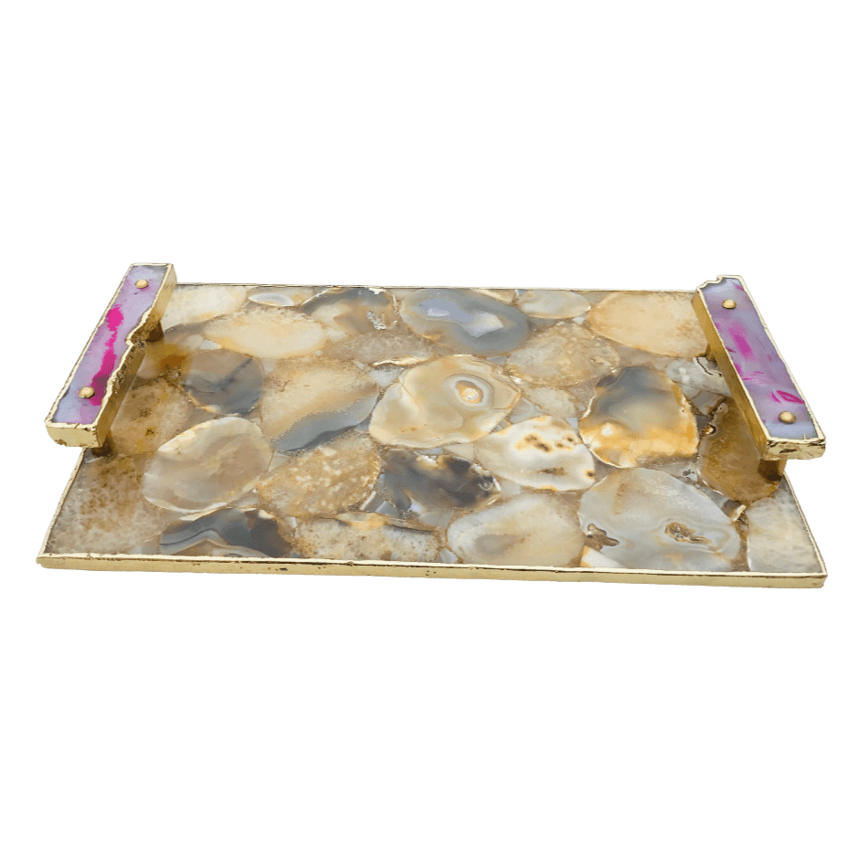 Brown Plated Agate Serving Tray With Pink Onyx Agate Handles